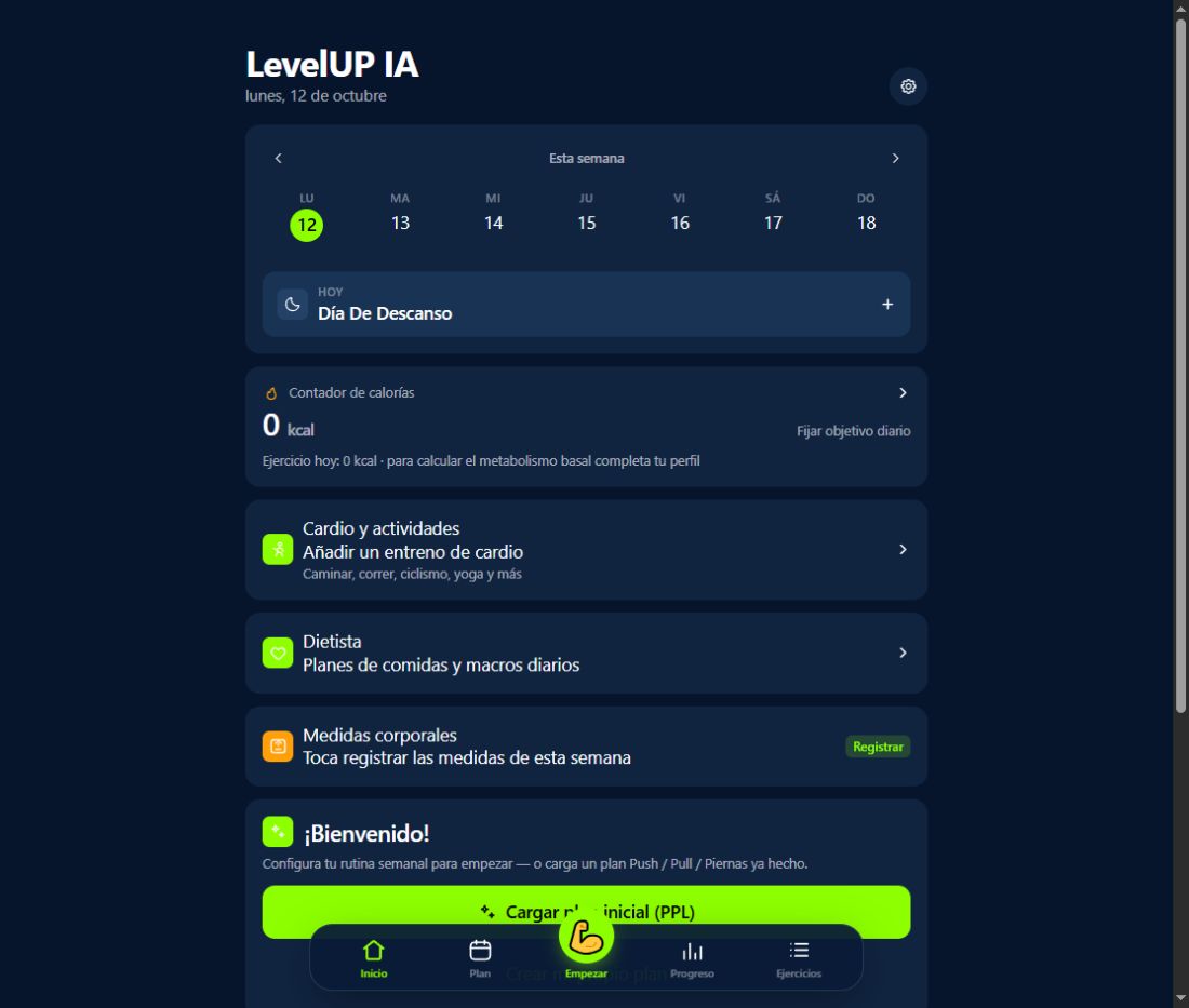 Captura real de la pantalla principal de LevelUP IA: calendario semanal, actividad, dietista y medidas